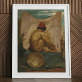 Seated Tajik - William Etty Art Print / Canvas Framed Reproduction Classical Painting Nude Figure Red Hat, Turns, Male Eastward, Man Folds,