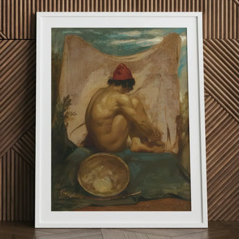 Seated Tajik - William Etty Art Print / Canvas Framed Reproduction Classical Painting Nude Figure Red Hat, Turns, Male Eastward, Man Folds,