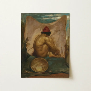 Seated Tajik - William Etty Art Print / Canvas Vintage-style Oil Painting Nude Figure Profile Red Hat, Turns, Male Eastward, Man Folds,