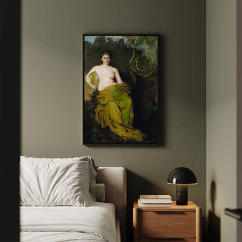 Seated Woman Half Draped Figure - Abbott Handerson Thayer Art Print / Canvas Framed Classical Painting Nude Green Drapery Set Linen Weave