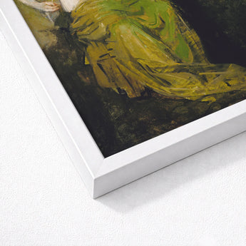 Seated Woman Half Draped Figure - Abbott Handerson Thayer Art Print / Canvas Framed Reproduction Painting Vibrant Yellow-green Fabric Dark