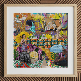 Second Homesick Pt 1 - Surreal Thai Collage Art Print Vibrant Framed Mixed-media Collage Woman Floral Dress Umbrella Bangkok’s Urban