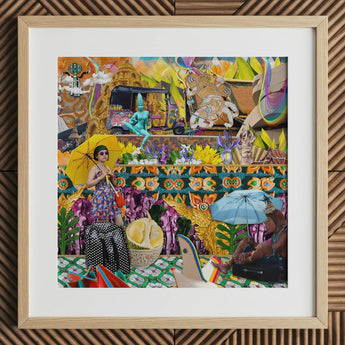 Second Homesick Pt 1 - Surreal Thai Collage Art Print Vibrant Framed Mixed-media Woman Floral Dress Umbrella Bangkok’s Urban Pandemonium,