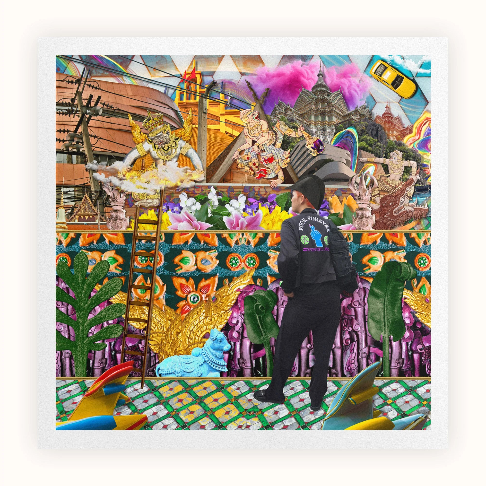 Second Homesick Pt 3 - Surreal Khrungthep Collage Art Print, Colorful Collage Thai Cultural Elements Person Black Clothing