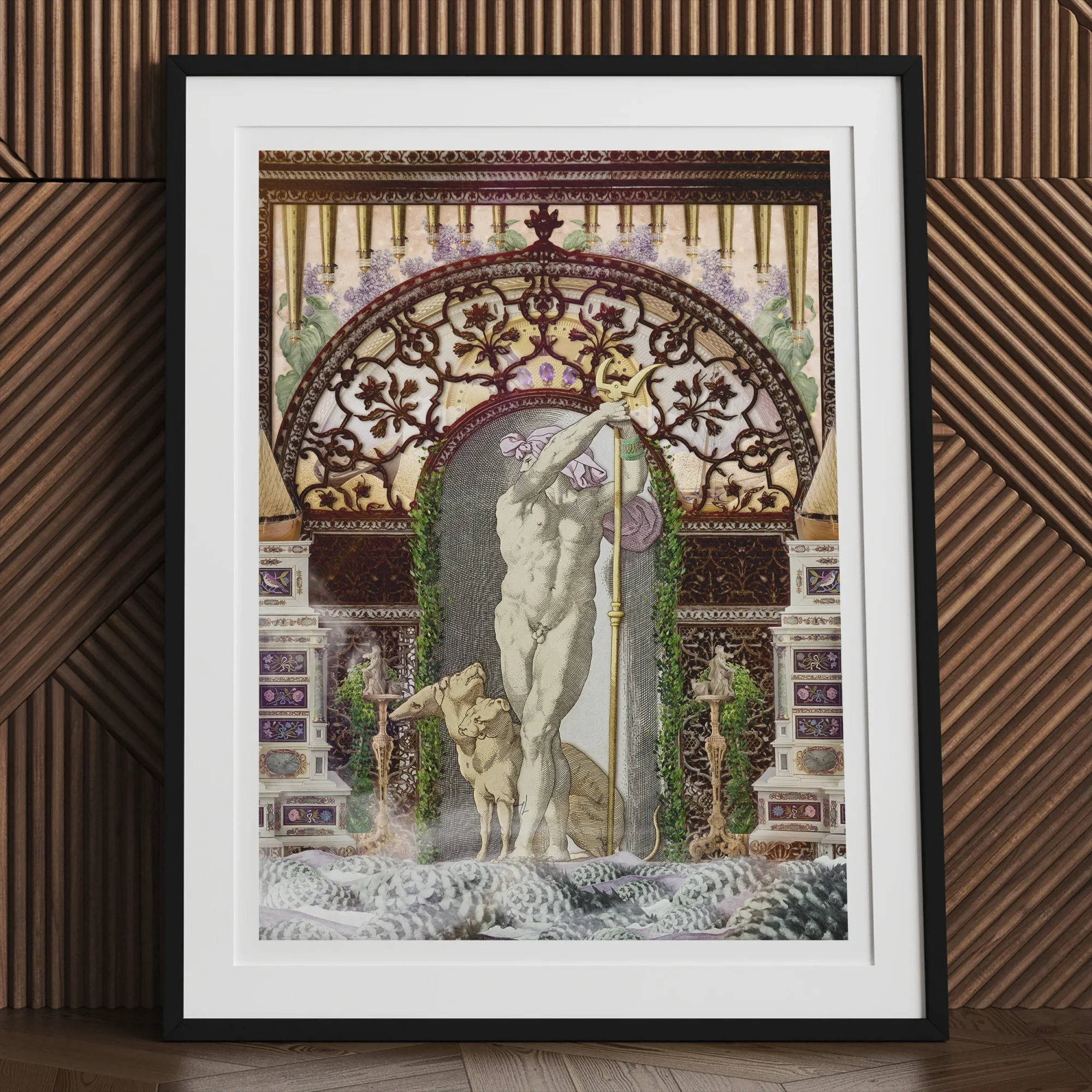 Secret Dog Private Dock Gay Myth Collage Art Print, Framed Artwork Classical Nude Figures Ornate Architectural