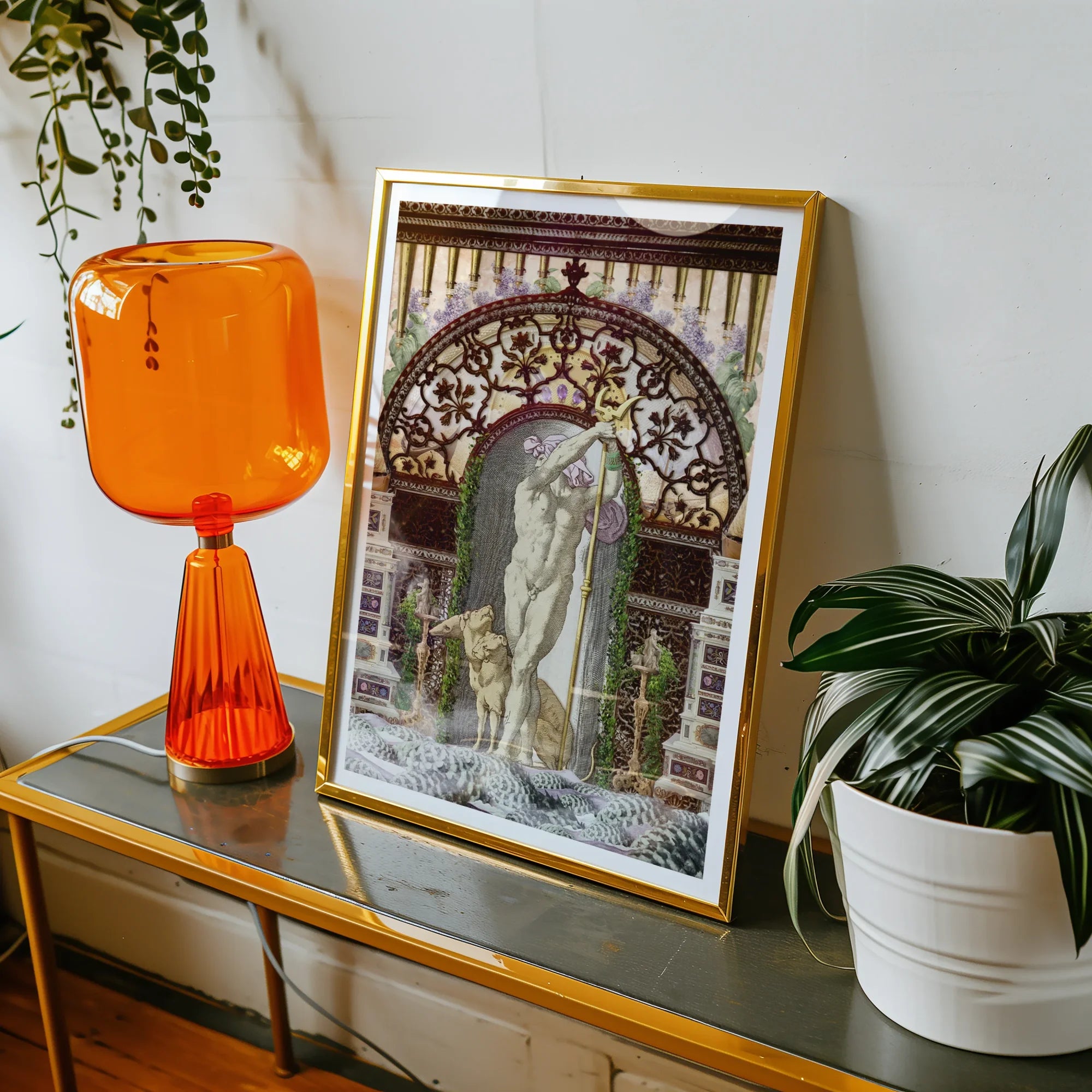 Secret Dog Private Dock Gay Myth Collage Art Print, Framed Artwork Classical Nude Statue Ornate Archway