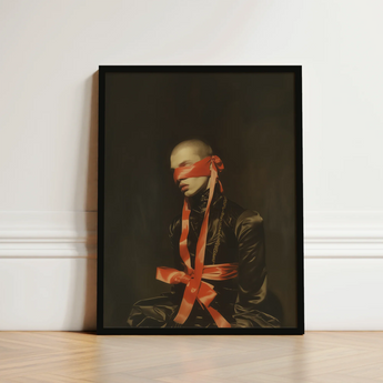 Black-framed Portrait Bald Figure Red Ribbon Tied Eyes Luxe Gay Bondage, Art, Vision Wrapped