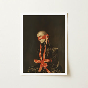 See no Evil - Luxe Gay Bondage Art Print / Canvas Framed Portrait Person Red Satin Ribbon, Vision Wrapped Prints