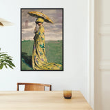 Self Caricature with Parasol - Max švabinský Art Print / Canvas Framed Woman Long Yellow Floral Gown Maximilian švabinský’s, Masterful