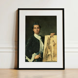 Self Portrait Holding a Nude Study - Luis Egidio Melendez Art Print / Canvas Black-framed Young Man Period Attire Sketch, Artist’s Profound