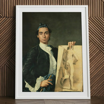 Self Portrait Holding a Nude Study - Luis Egidio Melendez Art Print / Canvas Framed Man 18th-century Attire Encased Simple White, Artist’s