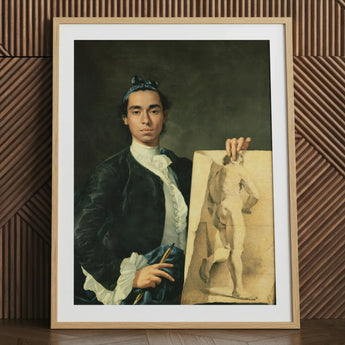Self Portrait Holding a Nude Study - Luis Egidio Melendez Art Print / Canvas Framed Portrait Man 18th-century Attire Encased Light Wood