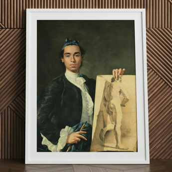 Self Portrait Holding a Nude Study - Luis Egidio Melendez Art Print / Canvas Framed Portrait Man 18th-century Attire Encased Simple White