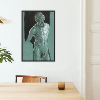 Self Portrait as a Nude - Albrecht Durer Art Print / Canvas Framed Sketch Muscular Male Figure Teal Black Tones Young, Steps Prints