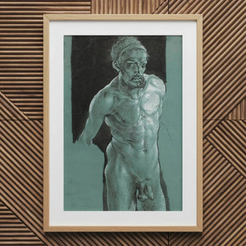 Self Portrait as a Nude - Albrecht Durer Art Print / Canvas Greenish-blue Framed Muscular Man Beard Headband Possibly Young, Steps Prints