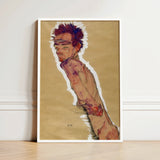 Self Portrait Nude - Egon Schiele Art Print / Canvas Framed Artwork Stylized Figure Spiky Reddish-purple Hair, Pigment Scrapes,