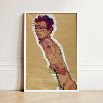 Self Portrait Nude - Egon Schiele Art Print / Canvas Framed Artwork Stylized Figure Spiky Reddish-purple Hair, Pigment Scrapes,