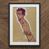 Self Portrait Nude - Egon Schiele Art Print / Canvas Framed Artwork Figure Tan Background, Pigment Scrapes, Self-portrait Offers Prints