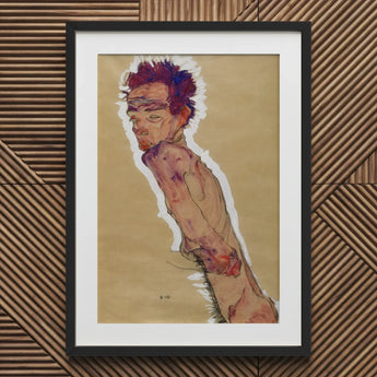 Self Portrait Nude - Egon Schiele Art Print / Canvas Framed Artwork Figure Tan Background, Pigment Scrapes, Self-portrait Offers Prints