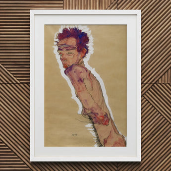 Self Portrait Nude - Egon Schiele Art Print / Canvas Framed Artwork Gaunt Shirtless Figure Messy Hair Shoulder, Pigment Scrapes,