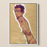Self Portrait Nude - Egon Schiele Art Print / Canvas Framed Painting Figure Spiky Dark Hair Exposed Skin, Pigment Scrapes, Self-portrait