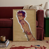 Self Portrait Nude - Egon Schiele Art Print / Canvas Framed Painting Figure Spiky Hair, Pigment Scrapes, Self-portrait Offers Prints