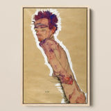 Self Portrait Nude - Egon Schiele Art Print / Canvas Framed Reproduction Schiele’s Expressive Painting Figure, Pigment Scrapes,