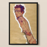 Self Portrait Nude - Egon Schiele Art Print / Canvas Framed Reproduction Schiele’s Expressive Painting Figure, Pigment Scrapes,