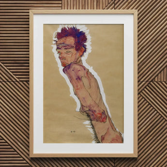 Self Portrait Nude - Egon Schiele Art Print / Canvas 20x30’’ / 51x76cm / Natural Frame / Matboard Framed Nude Figure Reddish Hair Light