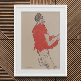 Self Portrait in a Red Shirt - Egon Schiele Art Print / Canvas Beige Abstract White Frame Twists, Raw Silhouette, Prints
