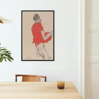 Self Portrait in a Red Shirt - Egon Schiele Art Print / Canvas Framed Artwork Stylized Figure Vibrant Attire Beige Twists, Raw Silhouette,
