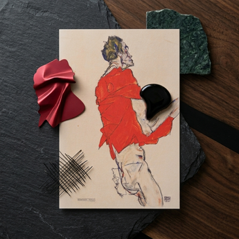 Self Portrait in a Red Shirt - Egon Schiele Art Print / Canvas Vibrant Black Stylized Illustration Figure Motion Rendered Twists, Raw