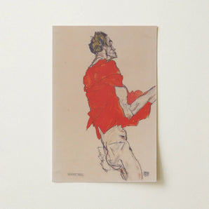 Self Portrait in a Red Shirt - Egon Schiele Art Print / Canvas Vibrant Expressive Sketch Figure Motion Textured Off-white Twists, Raw