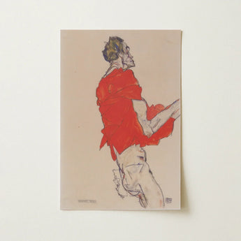 Self Portrait in a Red Shirt - Egon Schiele Art Print / Canvas Vibrant Expressive Sketch Figure Motion Textured Off-white Twists, Raw