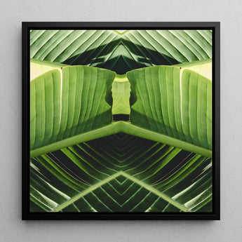 Semaphore - Palm Frond Botanical Op Art Print / Canvas Framed Square Artwork Symmetrical Kaleidoscopic Pattern Vibrant Green Palm Frond