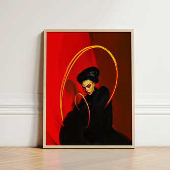 Framed Artwork Stylized Portrait Woman Black Attire Vibrant Lesbian Witch Art, Print