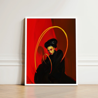 Framed Artwork Stylized Portrait Woman Black Attire Vibrant Lesbian Witch Art, Print