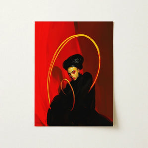 Serafina - Lesbian Witch Art Print / Canvas Digital Artwork Figure Black Attire Vibrant Red Background, Prints