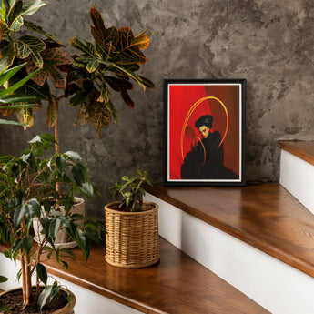 Serafina - Lesbian Witch Art Print / Canvas Framed Red Black Artwork Stylized Figure Halo, Prints