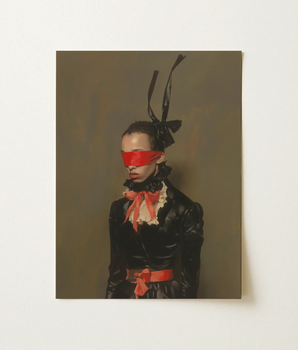 Black Red Portrait Print Figure Glossy Attire Bold Gay Maid, Rabbit Ears Rise, Silk Horns, Patent Leather Bodice, Gleams, Bdsm, Art