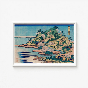 Framed Ukiyo-e Print Serene Coastal Landscape Cherry Blossoms Sesshu Ajigawaguchi Tenposan, Hokusai’s, Glorious Dreamscape