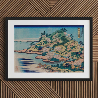 Sesshu Ajigawaguchi Tenposan - Hokusai Ukiyo-e Art Print / Canvas Black-framed Traditional Japanese Woodblock Landscape Vibrant Blues,