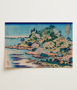 Traditional Japanese Woodblock Print Serene Coastal Landscape Lush Sesshu Ajigawaguchi Tenposan, Hokusai’s, Glorious Dreamscape