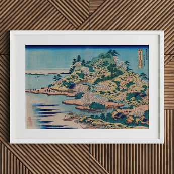Sesshu Ajigawaguchi Tenposan - Hokusai Ukiyo-e Art Print / Canvas White-framed Traditional Japanese Woodblock Landscape Vibrant Blues,