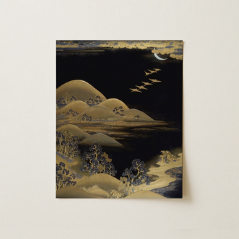 Framed Artwork Serene Nocturnal Landscape Hills Trees Aircraft Seven Flying Wild, Geese, Art Print, Cross, Writing Paper Flat