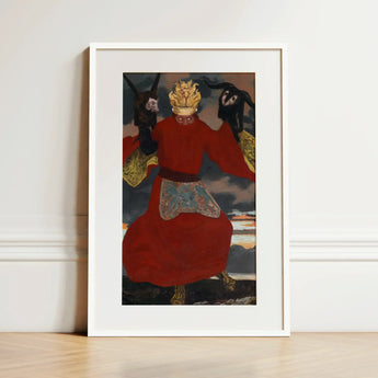 The Shaman - Sascha Schneider Art Print / Canvas Framed Artwork Figure Vibrant Red Robe Gold Accents Aureate Flames Sculpting, Embroidered