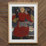 The Shaman - Sascha Schneider Art Print / Canvas Framed Painting Figure Red Robe Golden Crown Two Aureate Flames Sculpting, Embroidered