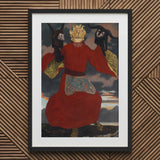 The Shaman - Sascha Schneider Art Print / Canvas Framed Painting Figure Red Robe Two Animal Masks Aureate Flames Sculpting, Embroidered