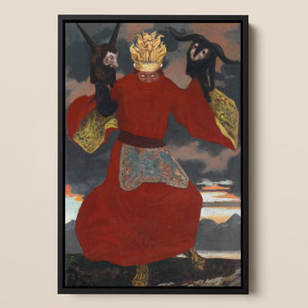 The Shaman - Sascha Schneider Art Print / Canvas Framed Painting Figure Vibrant Red Robe Gold Accents Aureate Flames Sculpting, Embroidered
