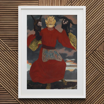 The Shaman - Sascha Schneider Art Print / Canvas Painting Figure Red Two Animal Heads Aureate Flames Sculpting, Embroidered Apron Shimmers,